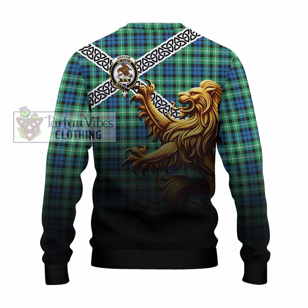 Tartan Vibes Clothing Graham Crest Tartan Knitted Sweater with Golden Lion Emblem Celtic Style