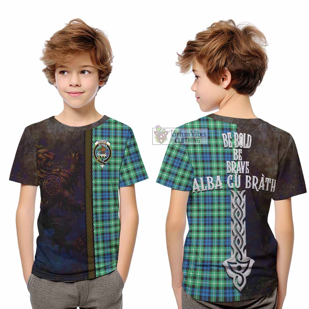 Tartan Vibes Clothing Graham Tartan Family Crest Kid T-Shirt Alba Gu Brath Be Brave Lion Ancient Style