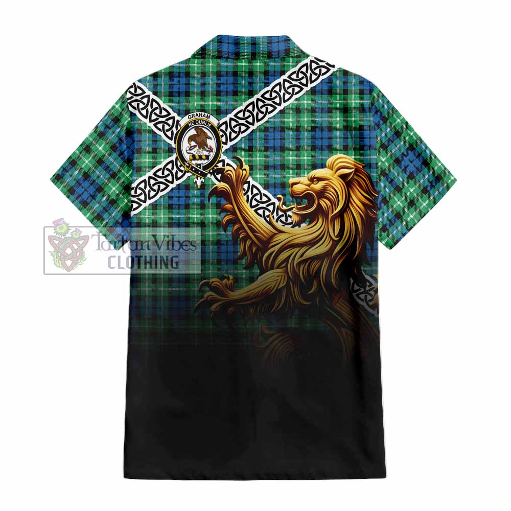 Tartan Vibes Clothing Graham Crest Tartan Short Sleeve Button Shirt with Golden Lion Emblem Celtic Style