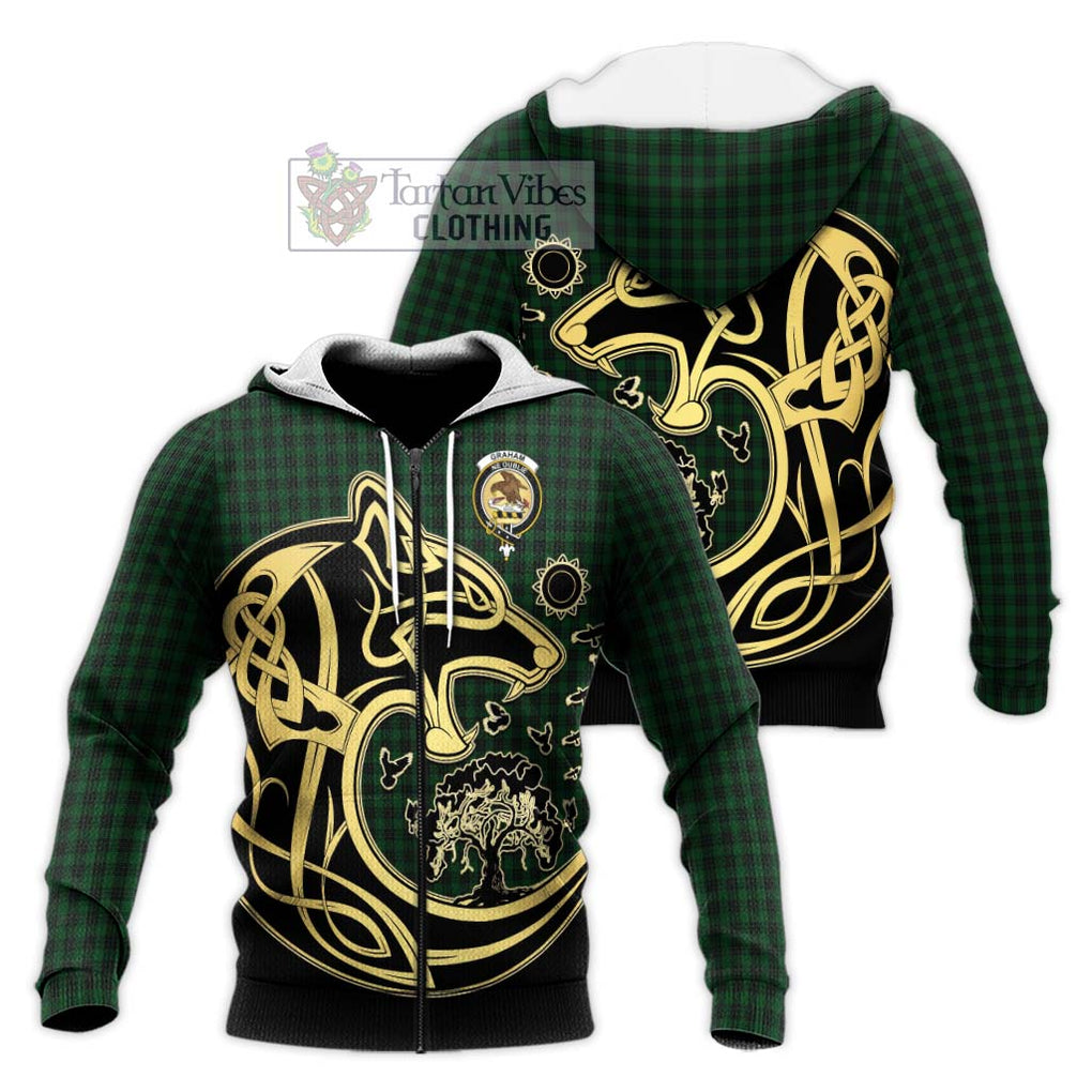 Graham Tartan Knitted Hoodie with Family Crest Celtic Wolf Style Unisex Knitted Zip Hoodie - Tartan Vibes Clothing