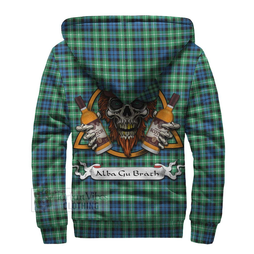 Tartan Vibes Clothing Graham Tartan Sherpa Hoodie with Family Crest and Bearded Skull Holding Bottles of Whiskey