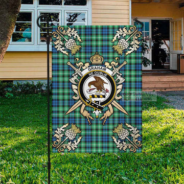 Graham Tartan Garden Flag with Family Crest and Golden Thistle Crossed Sword Design