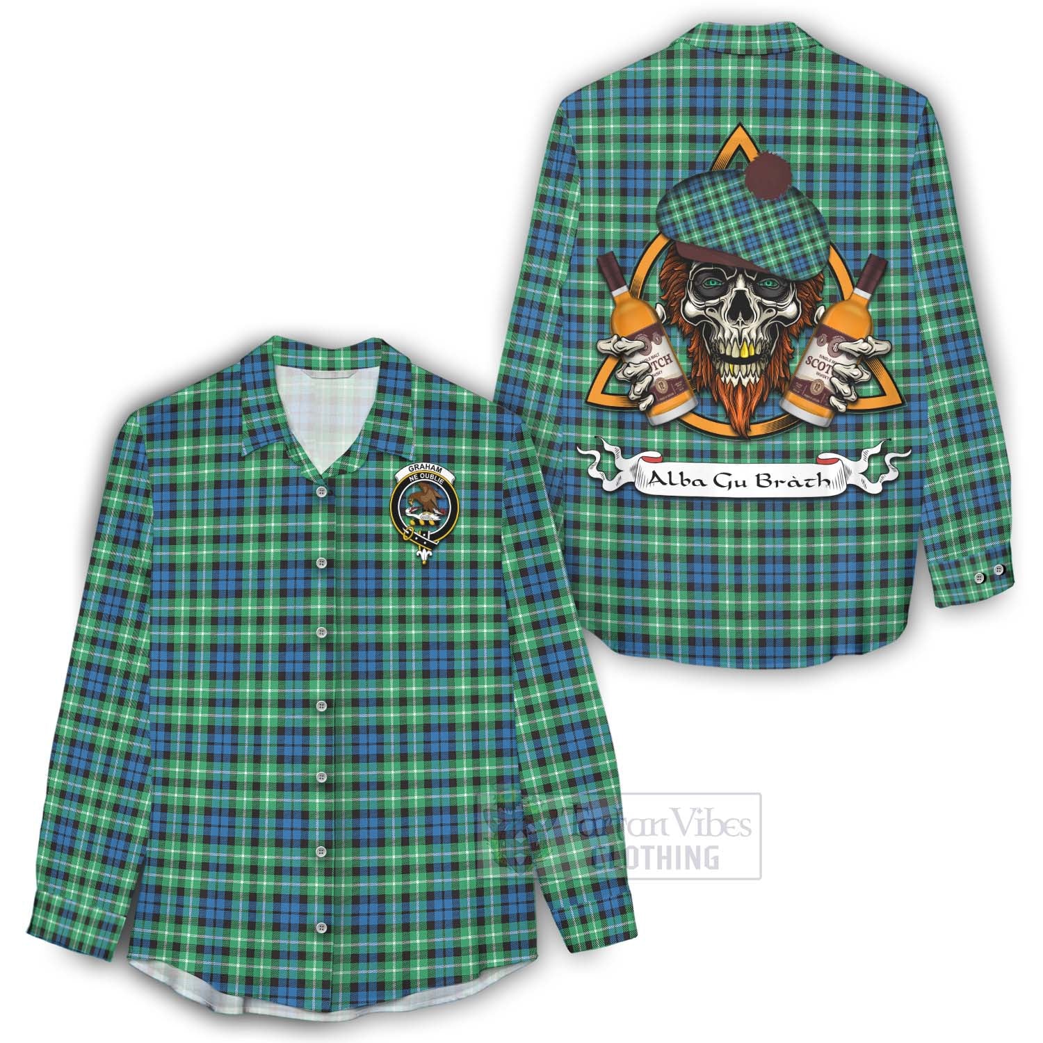 Tartan Vibes Clothing Graham Tartan Women's Casual Shirt with Family Crest and Bearded Skull Holding Bottles of Whiskey
