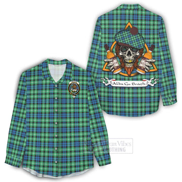 Tartan Vibes Clothing Graham Tartan Women's Casual Shirt with Family Crest and Bearded Skull Holding Bottles of Whiskey