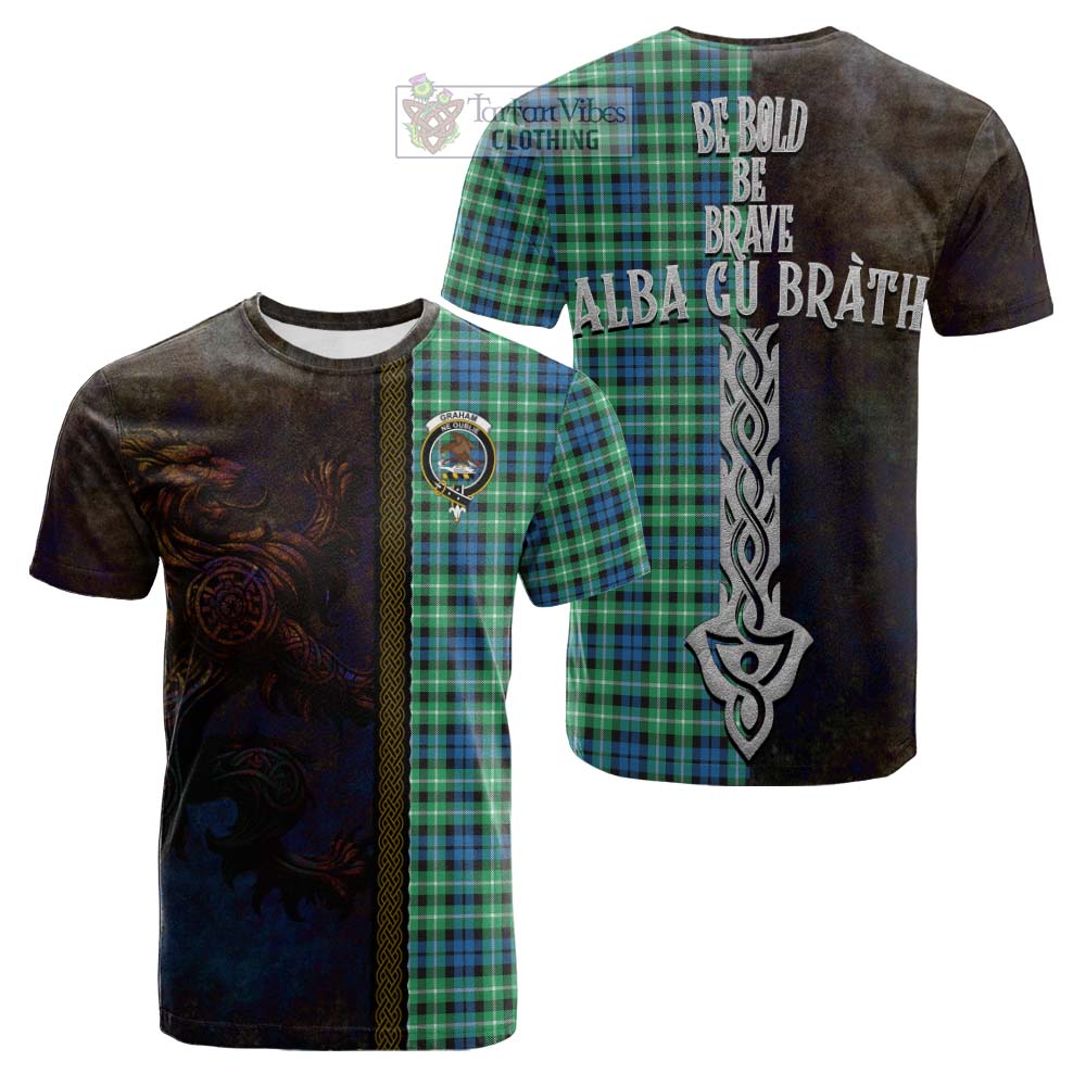 Tartan Vibes Clothing Graham Tartan Family Crest Cotton T-shirt Alba Gu Brath Be Brave Lion Ancient Style