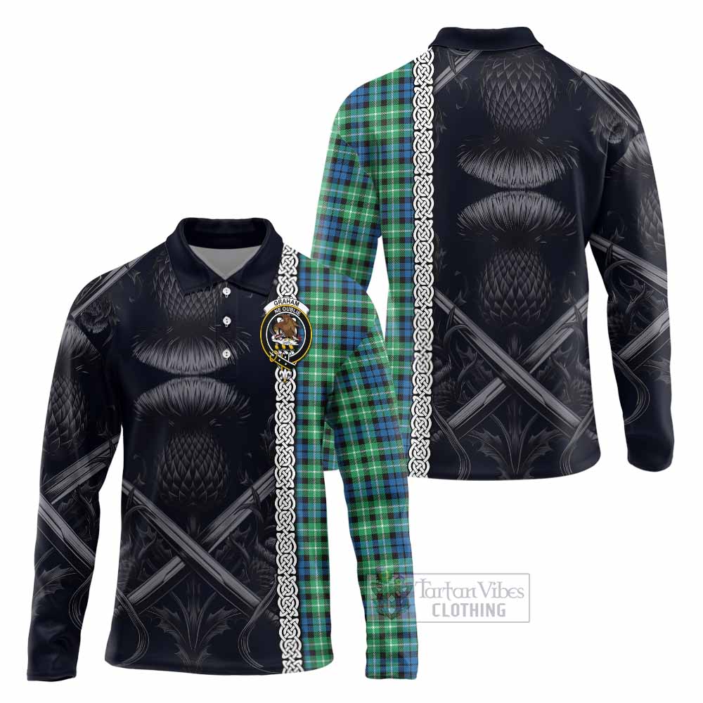 Tartan Vibes Clothing Graham Tartan Long Sleeve Polo Shirt with Family Crest Cross Sword Thistle Celtic Vibes
