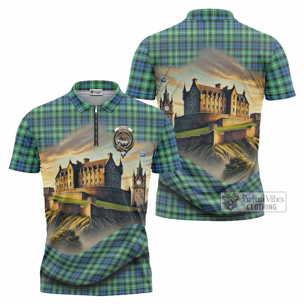 Tartan Vibes Clothing Graham Tartan Family Crest Zipper Polo Shirt with Scottish Ancient Castle Stype