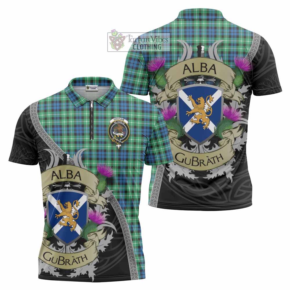 Tartan Vibes Clothing Graham Tartan Family Crest Zipper Polo Shirt Lion Rampant Royal Thistle Shield Celtic Inspired