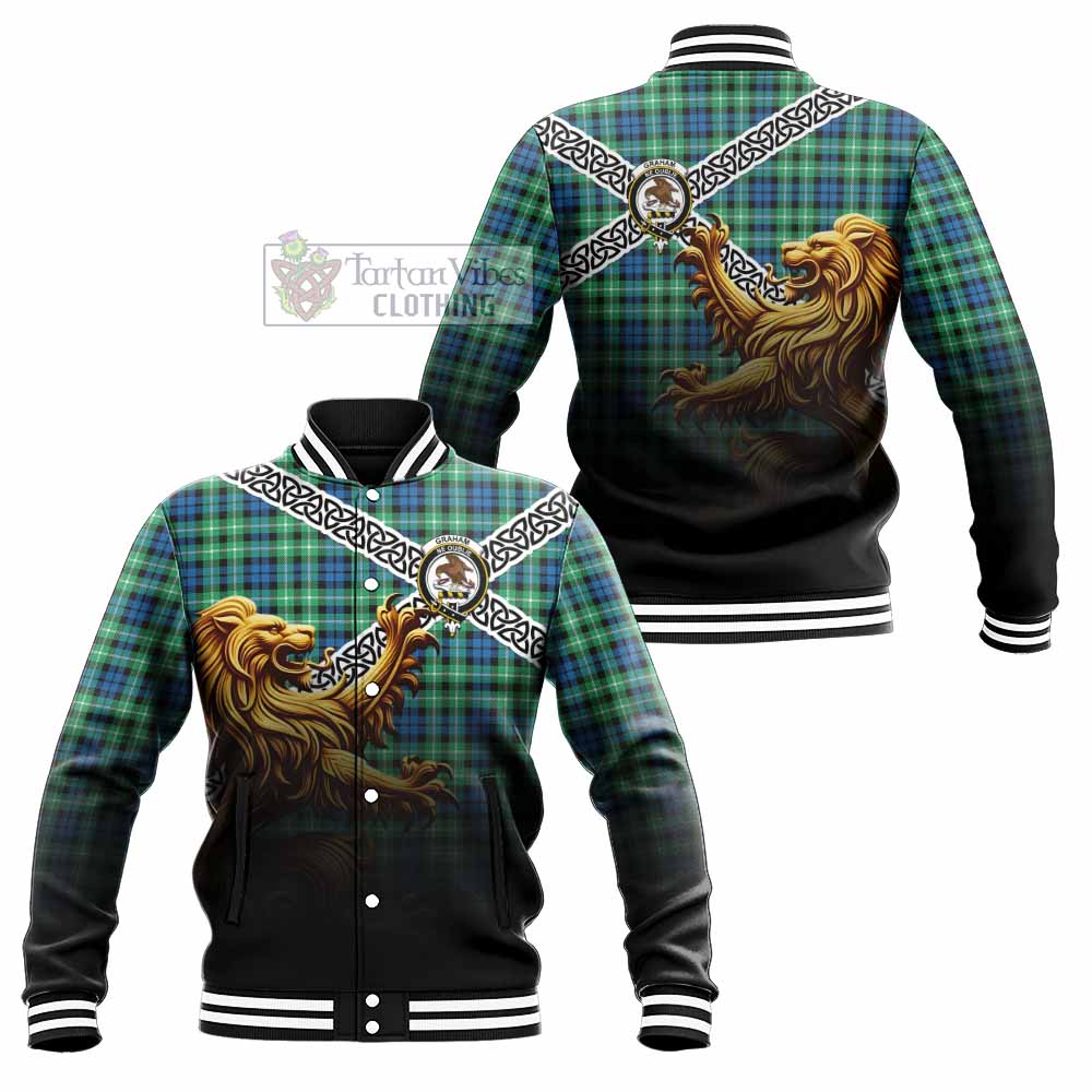 Tartan Vibes Clothing Graham Crest Tartan Baseball Jacket with Golden Lion Emblem Celtic Style