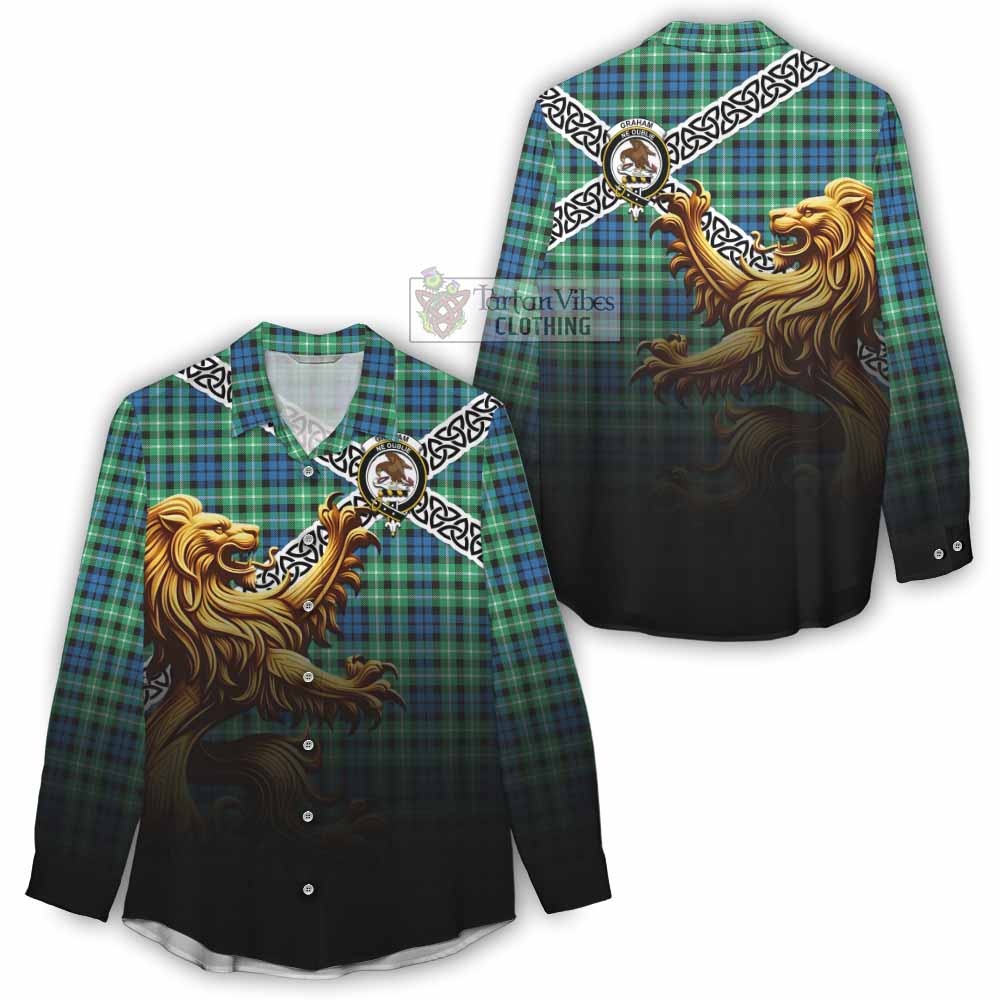 Tartan Vibes Clothing Graham Crest Tartan Women's Casual Shirt with Golden Lion Emblem Celtic Style