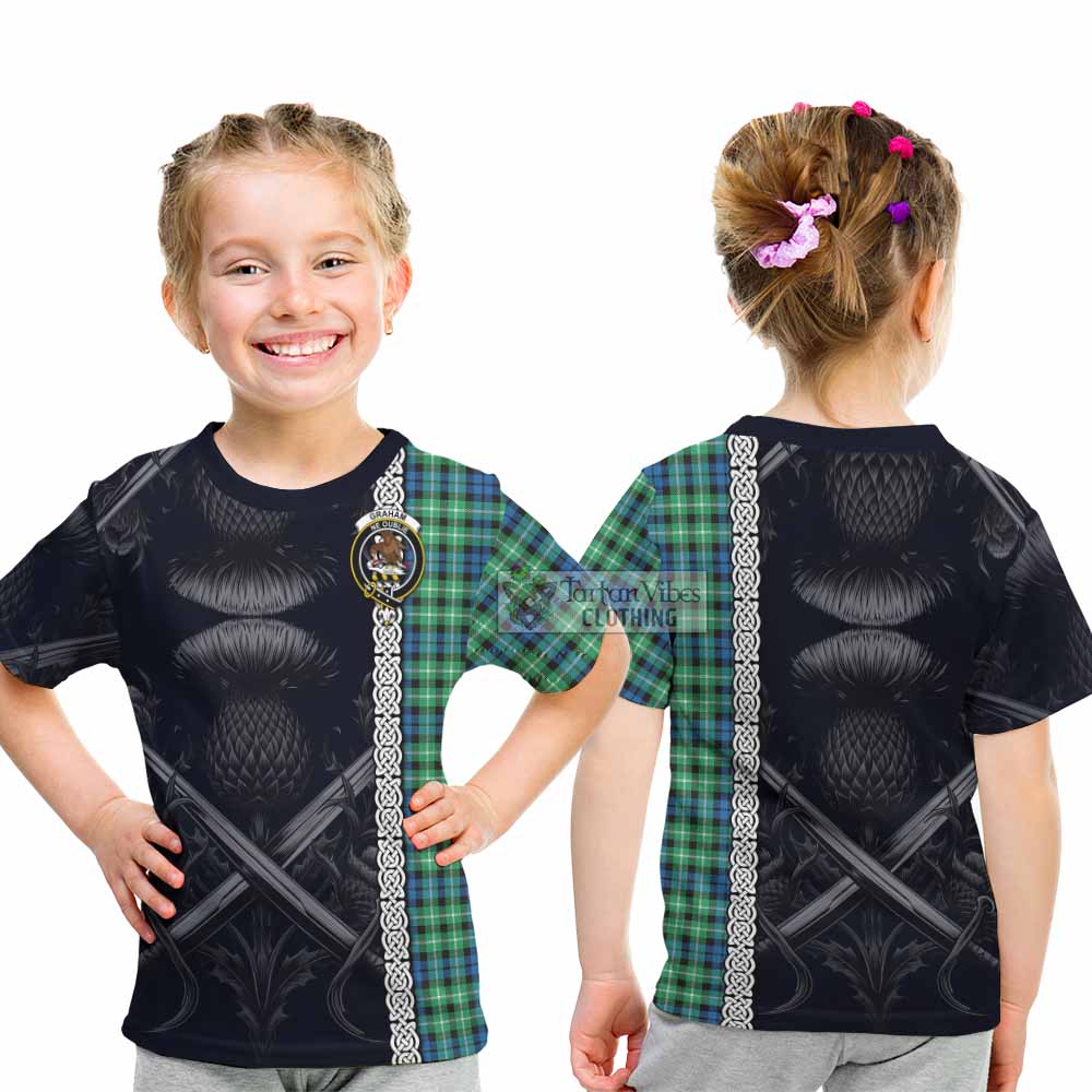 Tartan Vibes Clothing Graham Tartan Kid T-Shirt with Family Crest Cross Sword Thistle Celtic Vibes