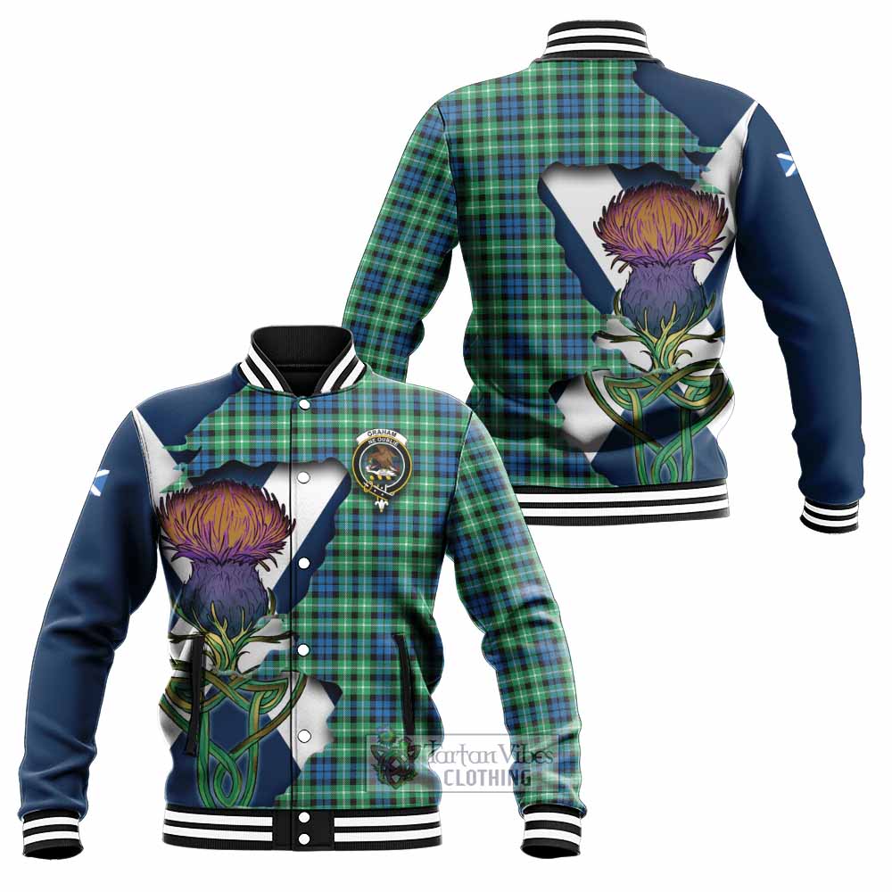 Tartan Vibes Clothing Graham Tartan Family Crest Baseball Jacket Scottish Thistle Celtic Inspired
