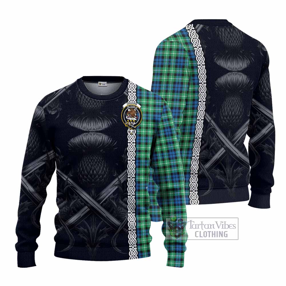 Tartan Vibes Clothing Graham Tartan Knitted Sweater with Family Crest Cross Sword Thistle Celtic Vibes