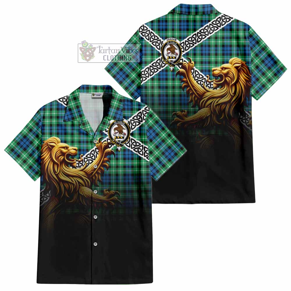 Tartan Vibes Clothing Graham Crest Tartan Short Sleeve Button Shirt with Golden Lion Emblem Celtic Style