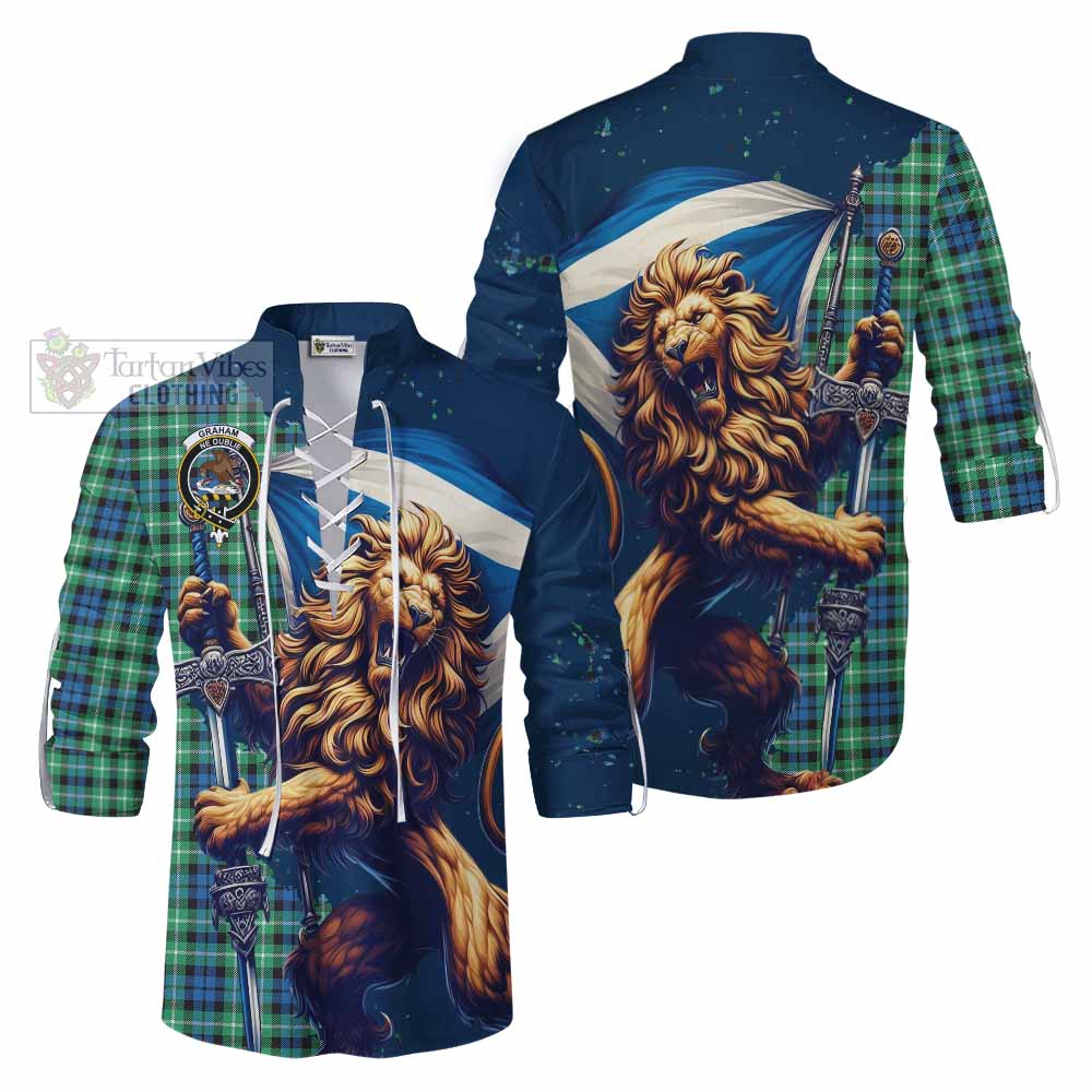 Tartan Vibes Clothing Graham Tartan Family Crest Ghillie Kilt Shirt with Scottish Majestic Lion