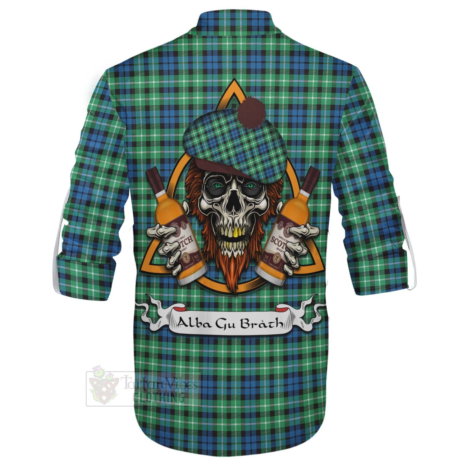 Tartan Vibes Clothing Graham Tartan Ghillie Kilt Shirt with Family Crest and Bearded Skull Holding Bottles of Whiskey