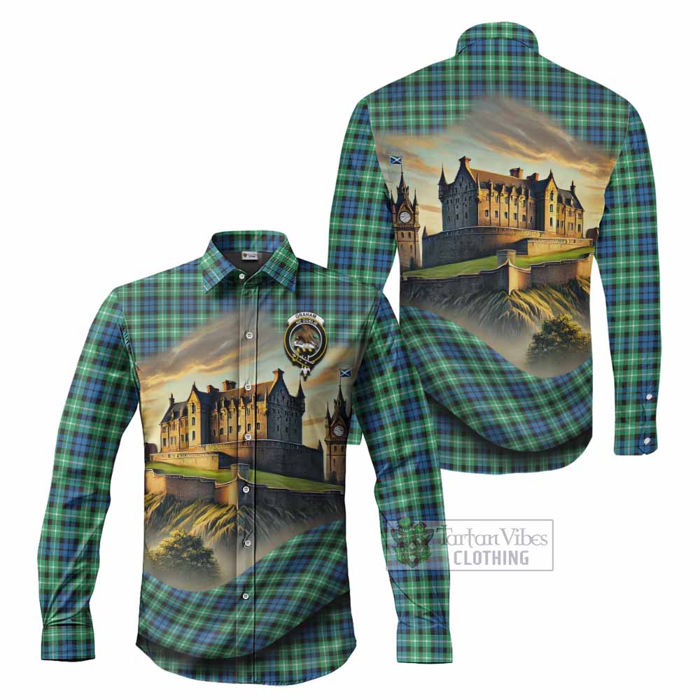 Tartan Vibes Clothing Graham Tartan Family Crest Long Sleeve Button Shirt with Scottish Ancient Castle Style