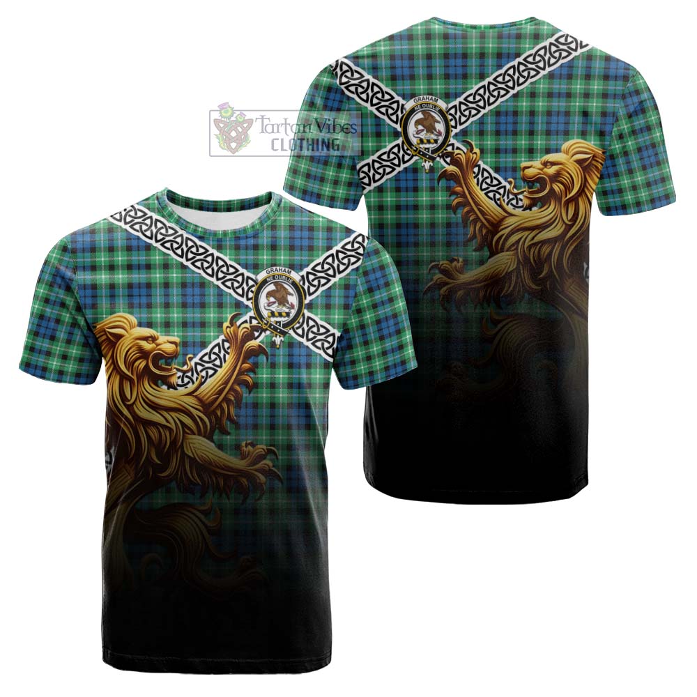 Tartan Vibes Clothing Graham Crest Tartan Cotton T-shirt with Golden Lion Emblem Celtic Style
