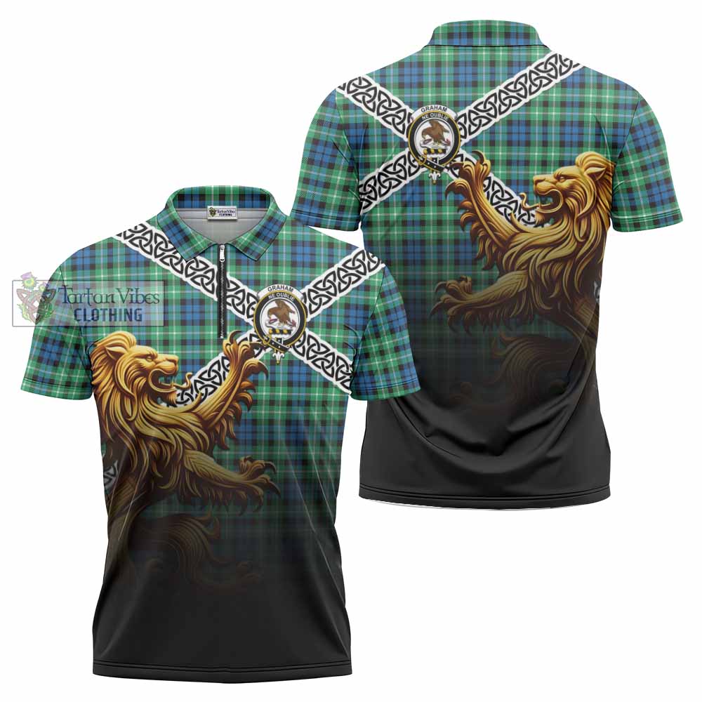 Graham Crest Tartan Zipper Polo Shirt with Golden Lion Emblem Celtic Style - Tartan Vibes Clothing