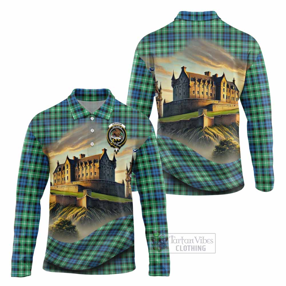 Tartan Vibes Clothing Graham Tartan Family Crest Long Sleeve Polo Shirt with Scottish Ancient Castle Style