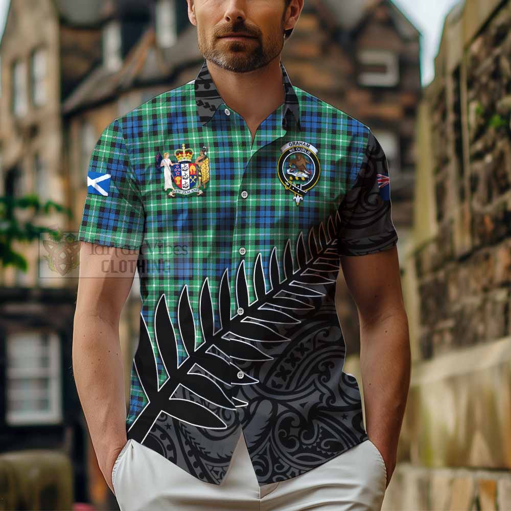 Tartan Vibes Clothing Graham Crest Tartan Short Sleeve Button Shirt with New Zealand Silver Fern Half Style