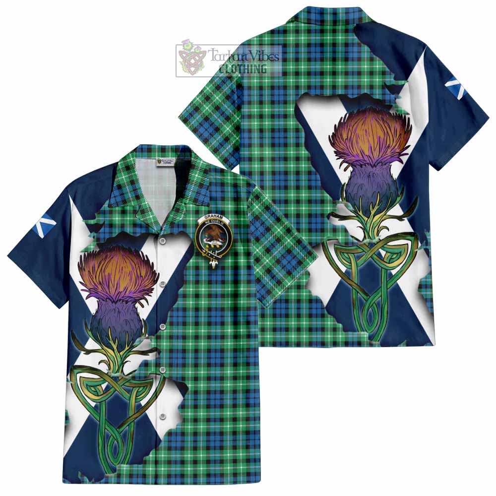 Tartan Vibes Clothing Graham Tartan Family Crest Short Sleeve Button Shirt Scottish Thistle Celtic Inspired
