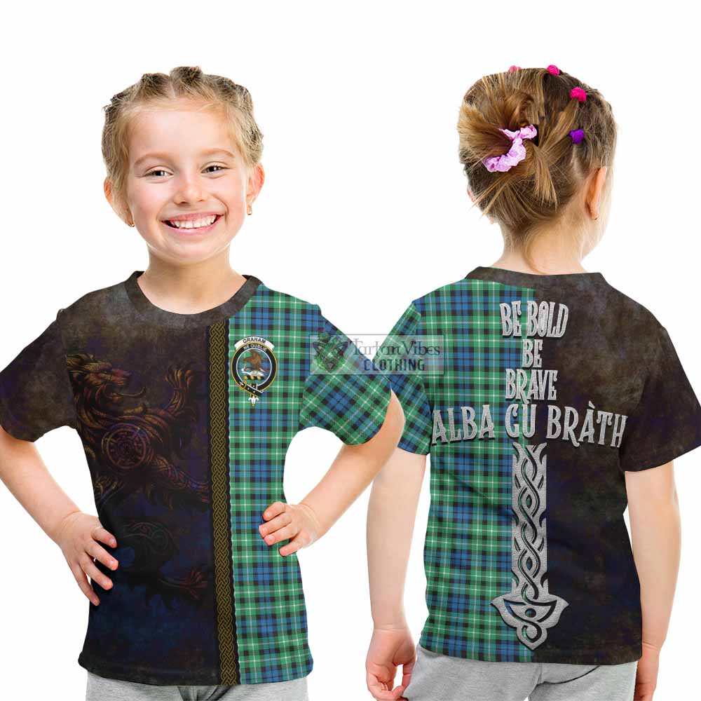 Tartan Vibes Clothing Graham Tartan Family Crest Kid T-Shirt Alba Gu Brath Be Brave Lion Ancient Style