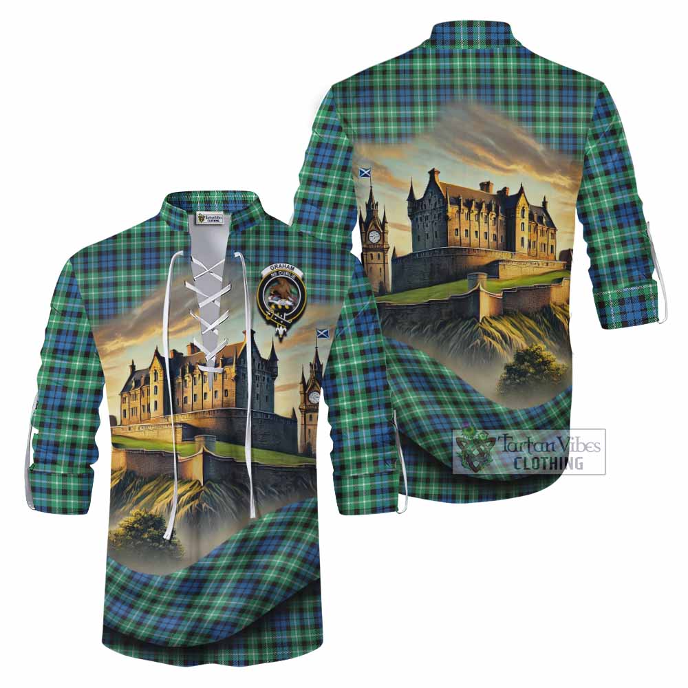 Tartan Vibes Clothing Graham Tartan Family Crest Ghillie Kilt Shirt with Scottish Ancient Castle Style