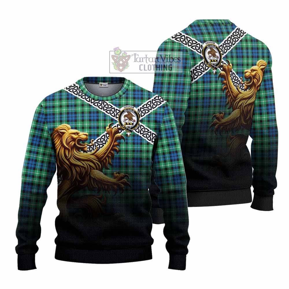 Tartan Vibes Clothing Graham Crest Tartan Knitted Sweater with Golden Lion Emblem Celtic Style