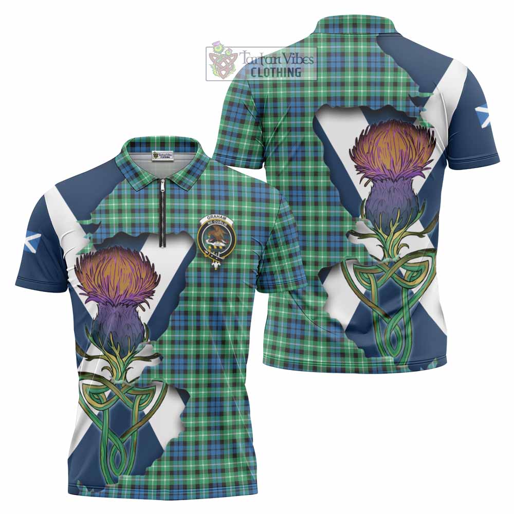 Tartan Vibes Clothing Graham Tartan Family Crest Zipper Polo Shirt Scottish Thistle Celtic Inspired