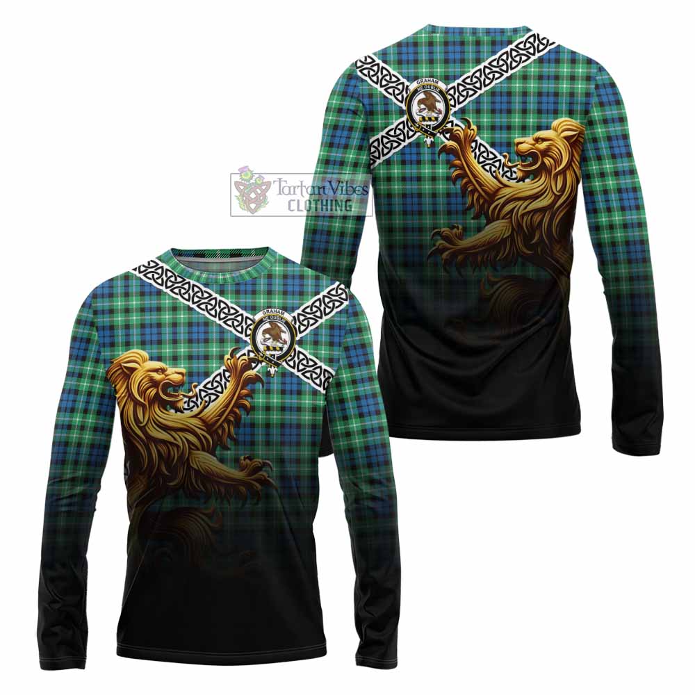 Tartan Vibes Clothing Graham Crest Tartan Long Sleeve T-Shirt with Golden Lion Emblem Celtic Style