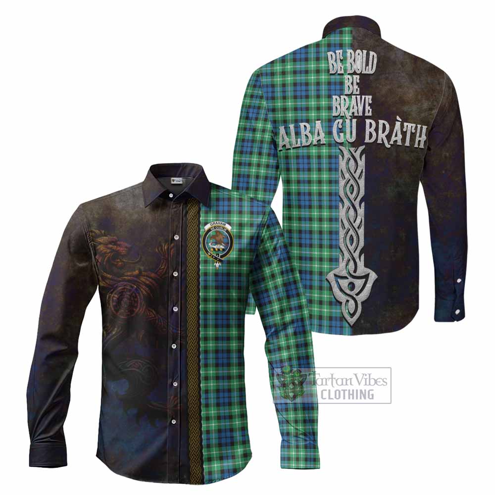 Tartan Vibes Clothing Graham Tartan Family Crest Long Sleeve Button Shirt Alba Gu Brath Be Brave Lion Ancient Style