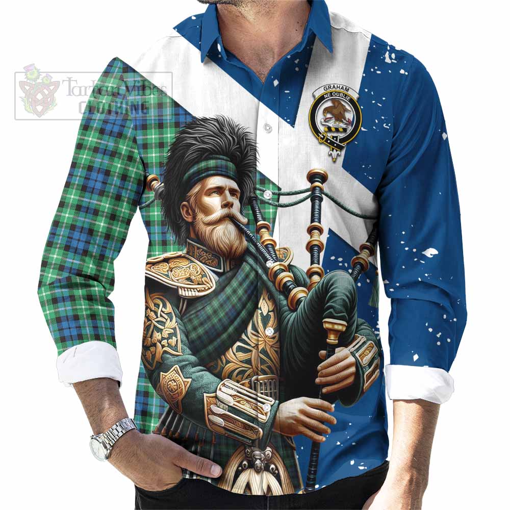 Tartan Vibes Clothing Graham Tartan Long Sleeve Button Shirt with Family Crest Scottish Bagpiper Vibes