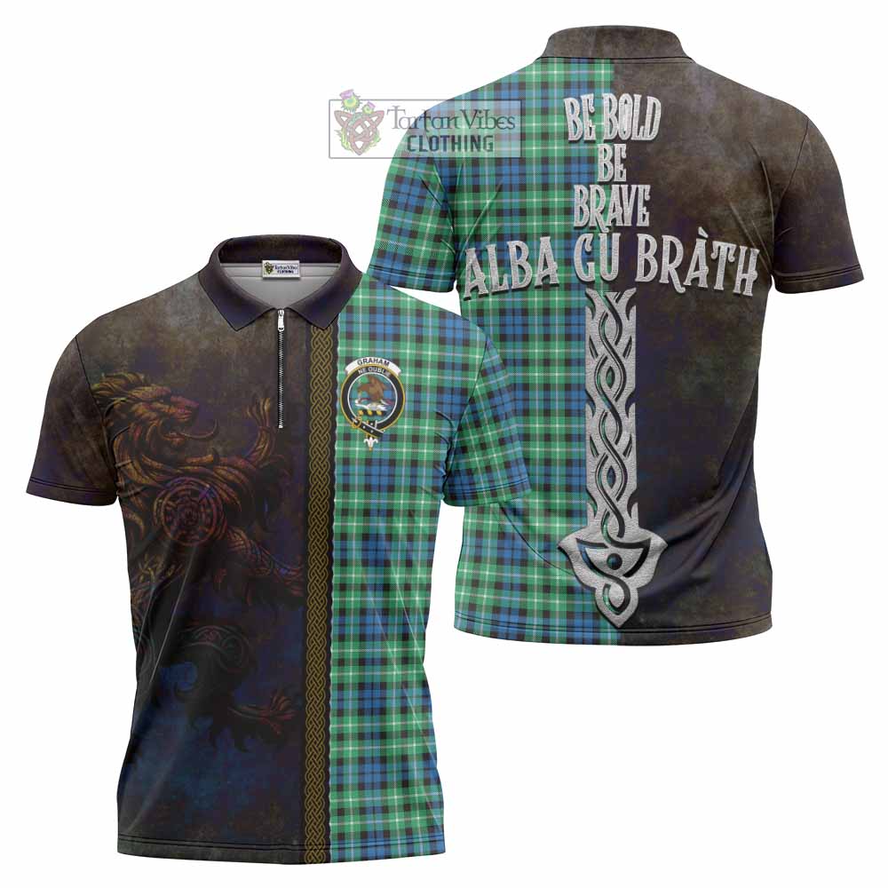Tartan Vibes Clothing Graham Tartan Family Crest Zipper Polo Shirt Alba Gu Brath Be Brave Lion Ancient Style