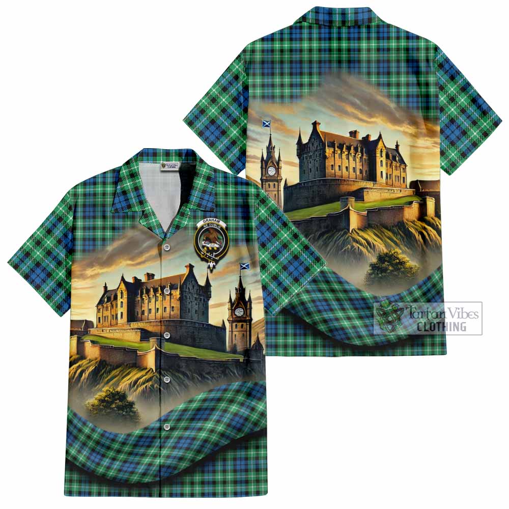 Tartan Vibes Clothing Graham Tartan Family Crest Short Sleeve Button Shirt with Scottish Ancient Castle Style
