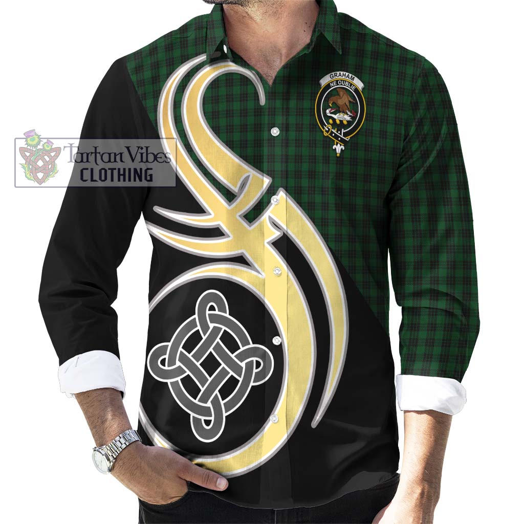Graham Tartan Long Sleeve Button Shirt with Family Crest and Celtic Symbol Style - Tartan Vibes Clothing
