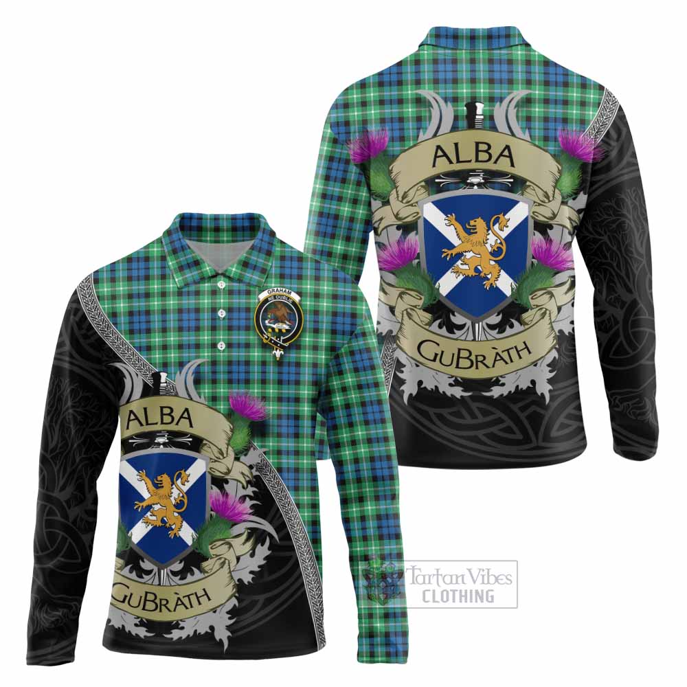 Tartan Vibes Clothing Graham Tartan Family Crest Long Sleeve Polo Shirt Lion Rampant Royal Thistle Shield Celtic Inspired