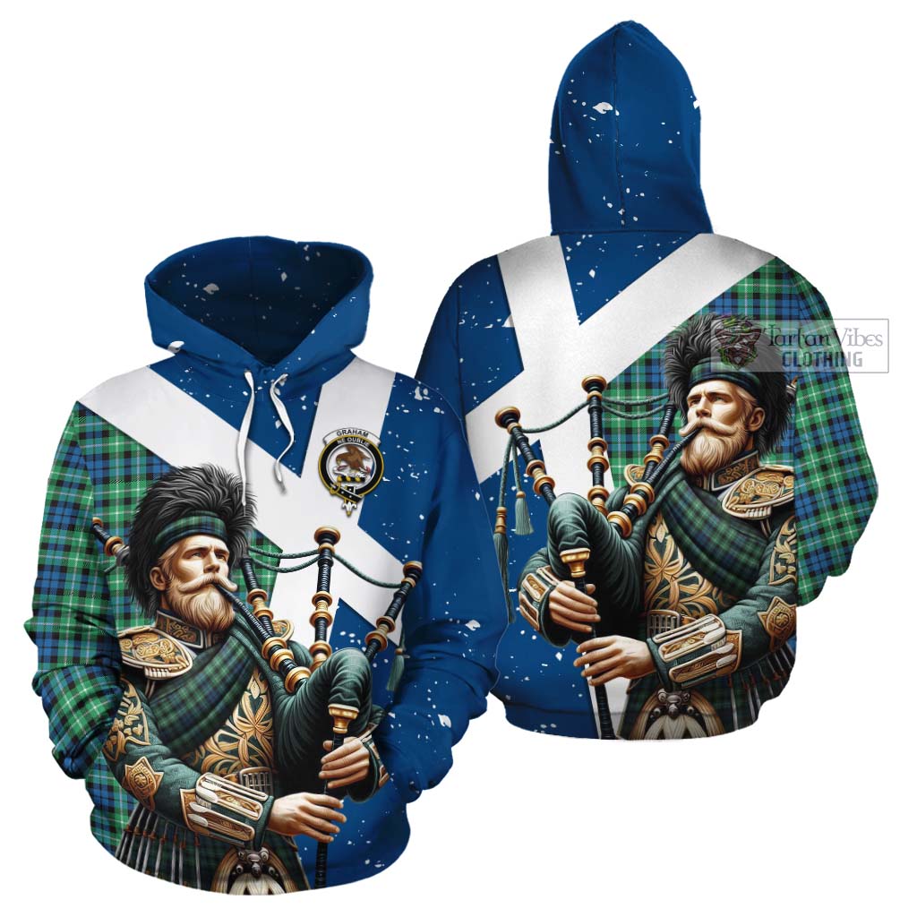 Tartan Vibes Clothing Graham Tartan Cotton Hoodie with Family Crest Scottish Bagpiper Vibes