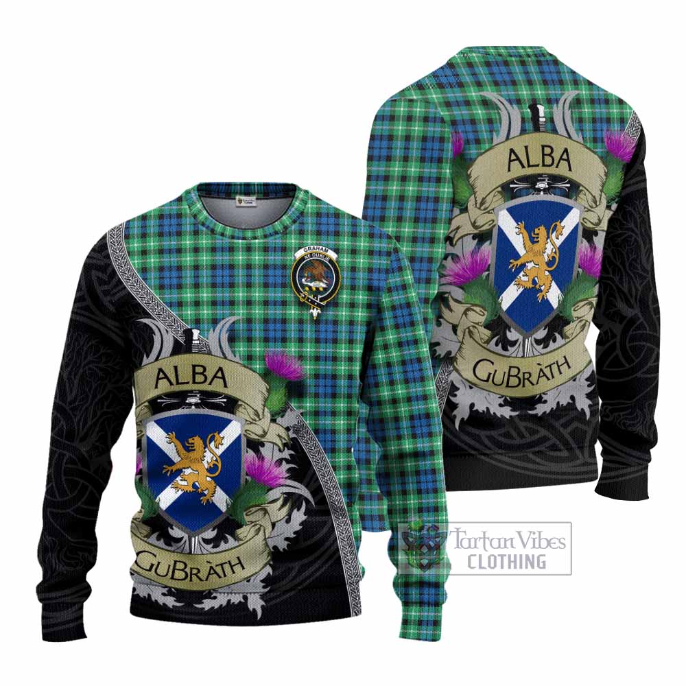 Tartan Vibes Clothing Graham Tartan Family Crest Knitted Sweater Lion Rampant Royal Thistle Shield Celtic Inspired