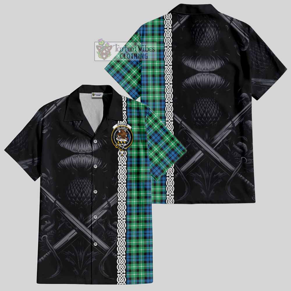 Tartan Vibes Clothing Graham Tartan Short Sleeve Button Shirt with Family Crest Cross Sword Thistle Celtic Vibes