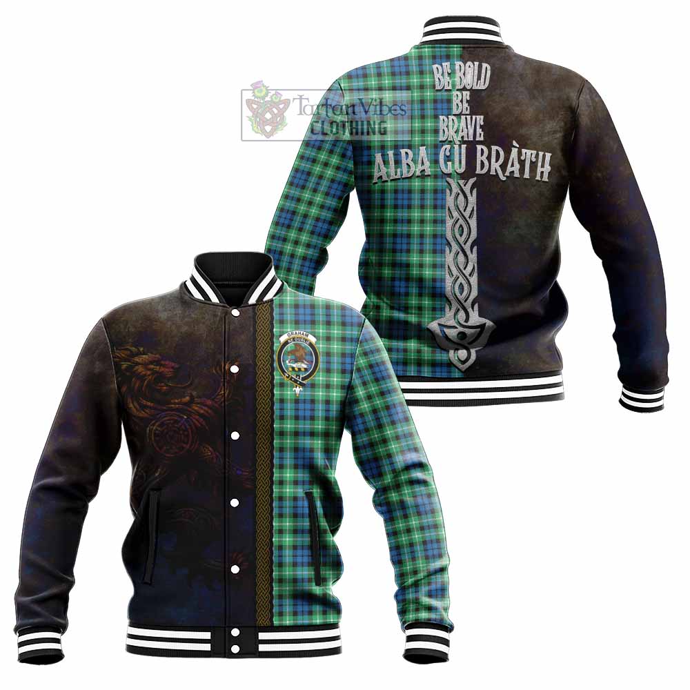 Tartan Vibes Clothing Graham Tartan Family Crest Baseball Jacket Alba Gu Brath Be Brave Lion Ancient Style
