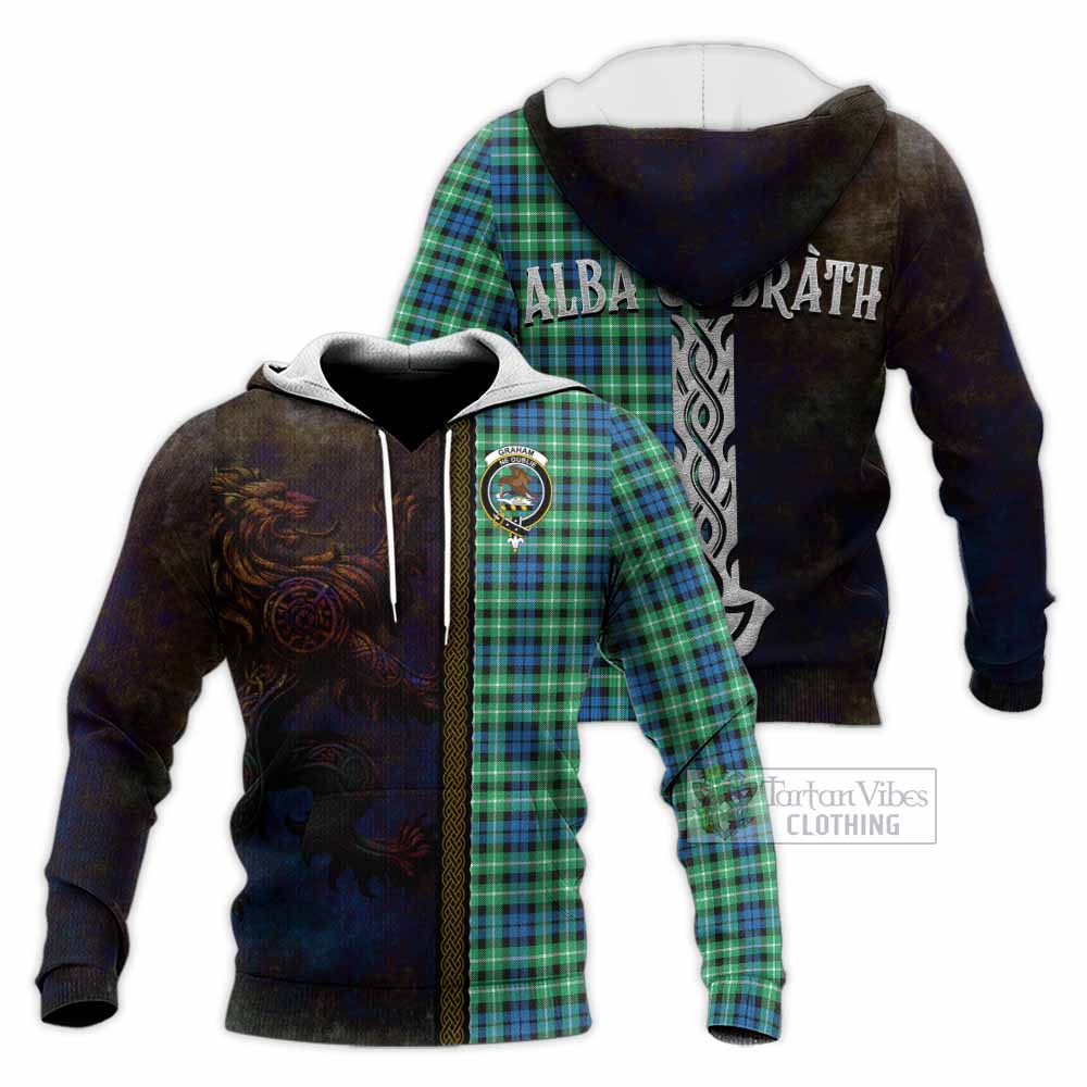 Tartan Vibes Clothing Graham Tartan Family Crest Knitted Hoodie Alba Gu Brath Be Brave Lion Ancient Style