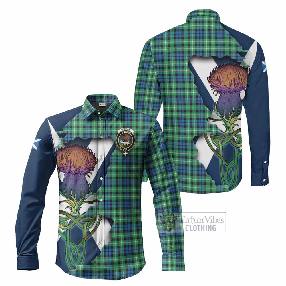 Tartan Vibes Clothing Graham Tartan Family Crest Long Sleeve Button Shirt Scottish Thistle Celtic Inspired
