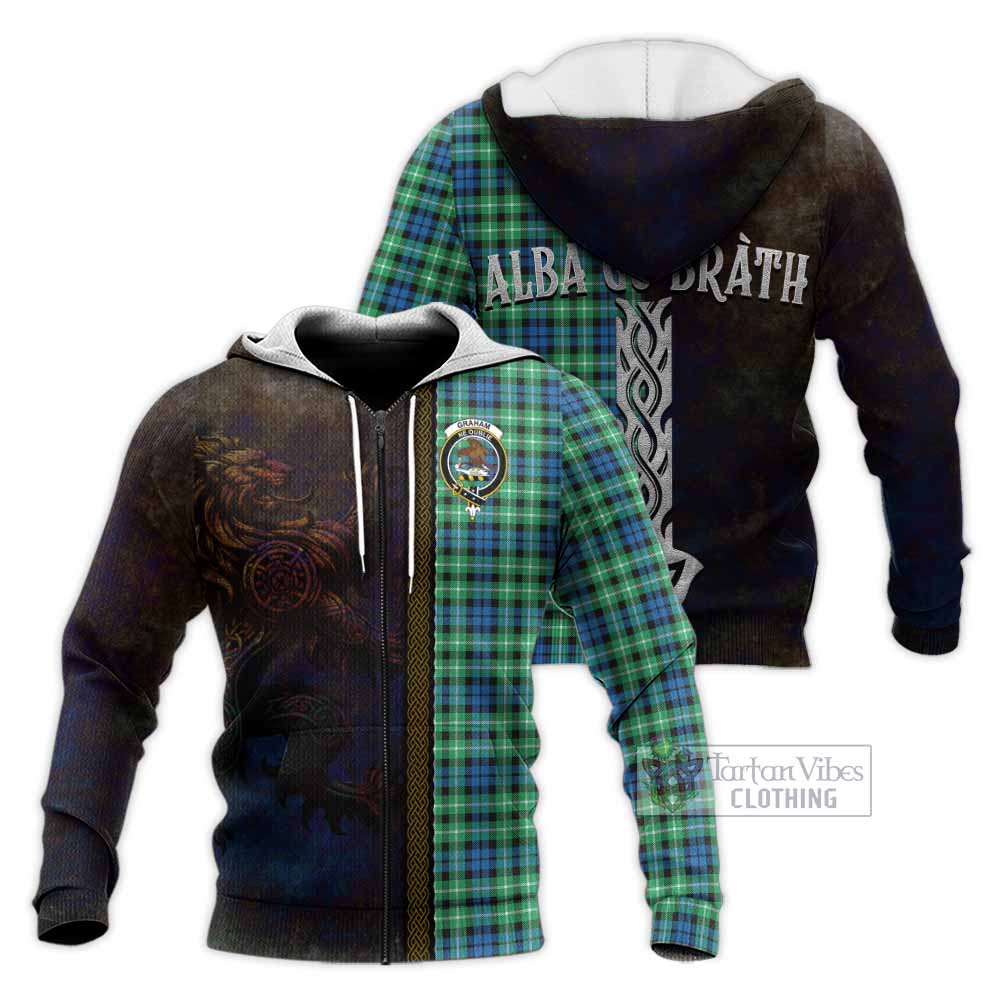 Tartan Vibes Clothing Graham Tartan Family Crest Knitted Hoodie Alba Gu Brath Be Brave Lion Ancient Style