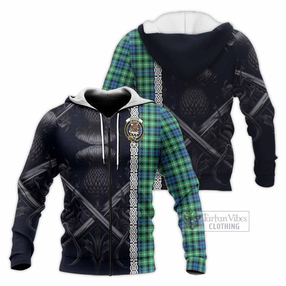Tartan Vibes Clothing Graham Tartan Knitted Hoodie with Family Crest Cross Sword Thistle Celtic Vibes