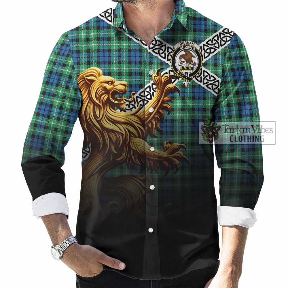 Tartan Vibes Clothing Graham Crest Tartan Long Sleeve Button Shirt with Golden Lion Emblem Celtic Style