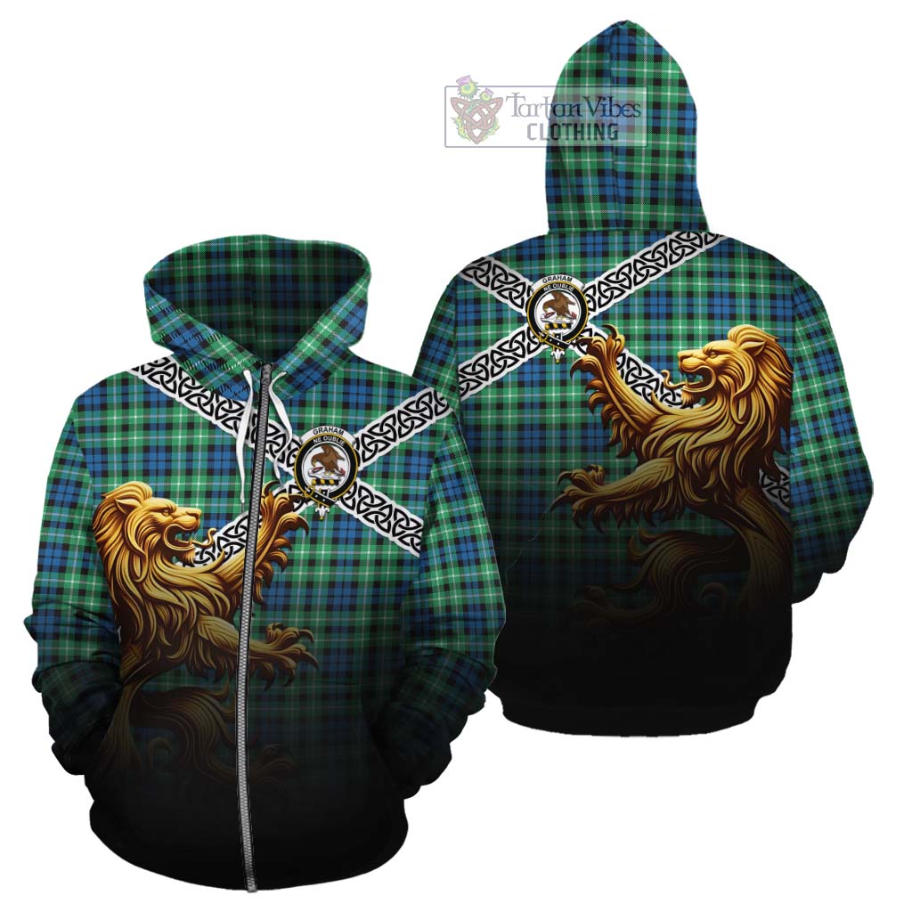 Tartan Vibes Clothing Graham Crest Tartan Cotton Hoodie with Golden Lion Emblem Celtic Style