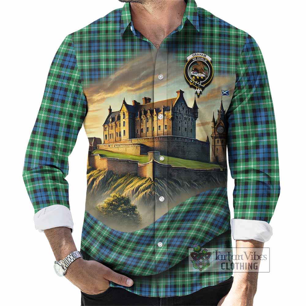 Tartan Vibes Clothing Graham Tartan Family Crest Long Sleeve Button Shirt with Scottish Ancient Castle Style