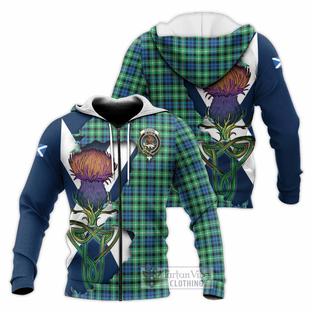 Tartan Vibes Clothing Graham Tartan Family Crest Knitted Hoodie Scottish Thistle Celtic Inspired