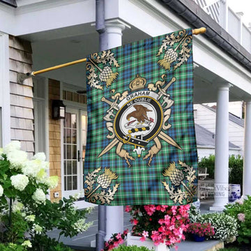 Graham Tartan Garden Flag with Family Crest and Golden Thistle Crossed Sword Design